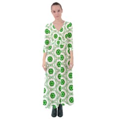 White Background Green Shapes Button Up Maxi Dress