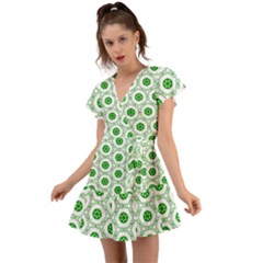 White Background Green Shapes Flutter Sleeve Wrap Dress