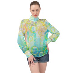 Bubbles Blue Floating Air High Neck Long Sleeve Chiffon Top