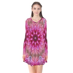 Flower Mandala Art Pink Abstract Long Sleeve V-neck Flare Dress