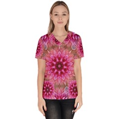 Flower Mandala Art Pink Abstract Women s V-neck Scrub Top by Simbadda