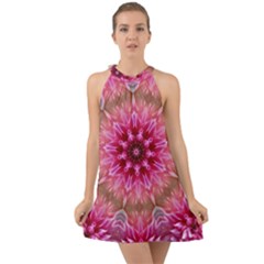 Flower Mandala Art Pink Abstract Halter Tie Back Chiffon Dress by Simbadda