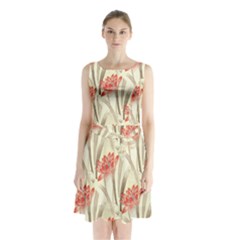 Flower Flora Leaf Wallpaper Sleeveless Waist Tie Chiffon Dress by Simbadda