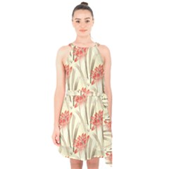 Flower Flora Leaf Wallpaper Halter Collar Waist Tie Chiffon Dress by Simbadda