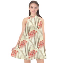 Flower Flora Leaf Wallpaper Halter Neckline Chiffon Dress  by Simbadda