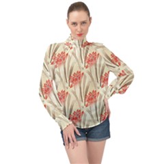 Flower Flora Leaf Wallpaper High Neck Long Sleeve Chiffon Top