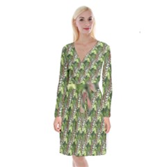 Leaves Seamless Pattern Design Long Sleeve Velvet Front Wrap Dress by Simbadda