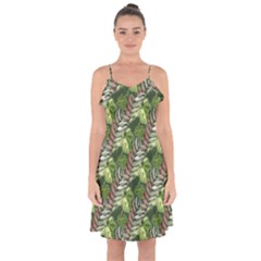 Leaves Seamless Pattern Design Ruffle Detail Chiffon Dress by Simbadda