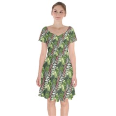 Leaves Seamless Pattern Design Short Sleeve Bardot Dress by Simbadda