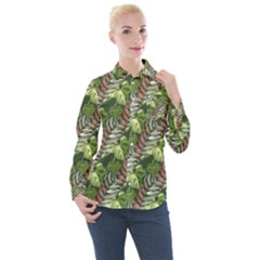 Leaves Seamless Pattern Design Women s Long Sleeve Pocket Shirt