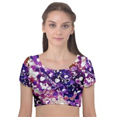 Paint Texture Purple Watercolor Velvet Short Sleeve Crop Top  by Simbadda