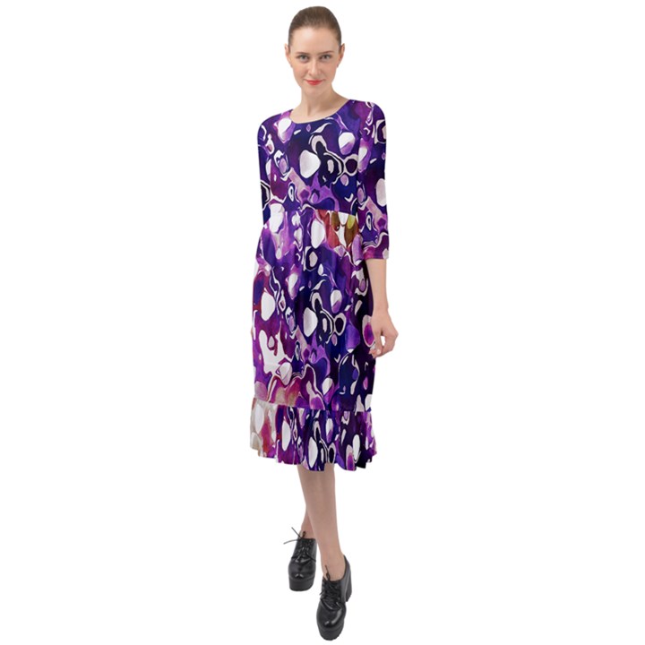 Paint Texture Purple Watercolor Ruffle End Midi Chiffon Dress