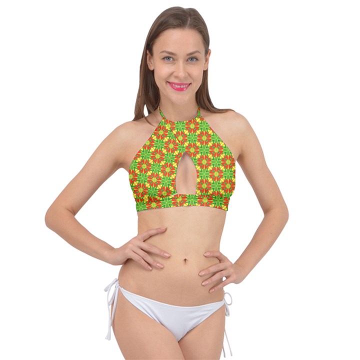 Pattern Texture Christmas Colors Cross Front Halter Bikini Top