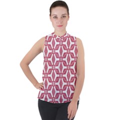 White Background Red Flowers Texture Mock Neck Chiffon Sleeveless Top by Simbadda