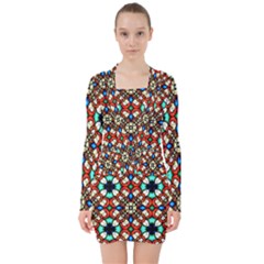 Stained Glass Pattern Texture Face V-neck Bodycon Long Sleeve Dress by Simbadda