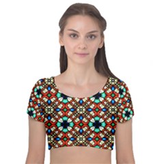 Stained Glass Pattern Texture Face Velvet Short Sleeve Crop Top  by Simbadda