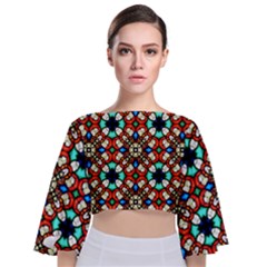 Stained Glass Pattern Texture Face Tie Back Butterfly Sleeve Chiffon Top by Simbadda