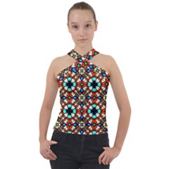 Stained Glass Pattern Texture Face Cross Neck Velour Top by Simbadda