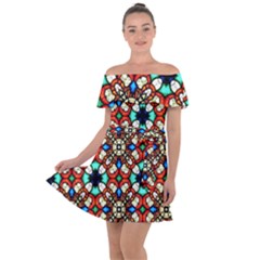 Stained Glass Pattern Texture Face Off Shoulder Velour Dress by Simbadda