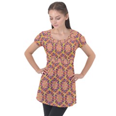 Pattern Decoration Abstract Flower Puff Sleeve Tunic Top by Simbadda