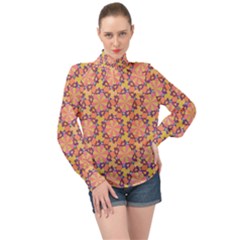 Pattern Decoration Abstract Flower High Neck Long Sleeve Chiffon Top