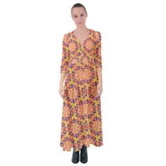 Pattern Decoration Abstract Flower Button Up Maxi Dress