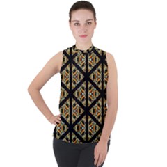 Pattern Stained Glass Triangles Mock Neck Chiffon Sleeveless Top by Simbadda