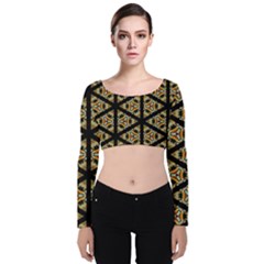 Pattern Stained Glass Triangles Velvet Long Sleeve Crop Top by Simbadda