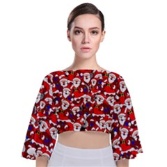 Nicholas Santa Christmas Pattern Tie Back Butterfly Sleeve Chiffon Top