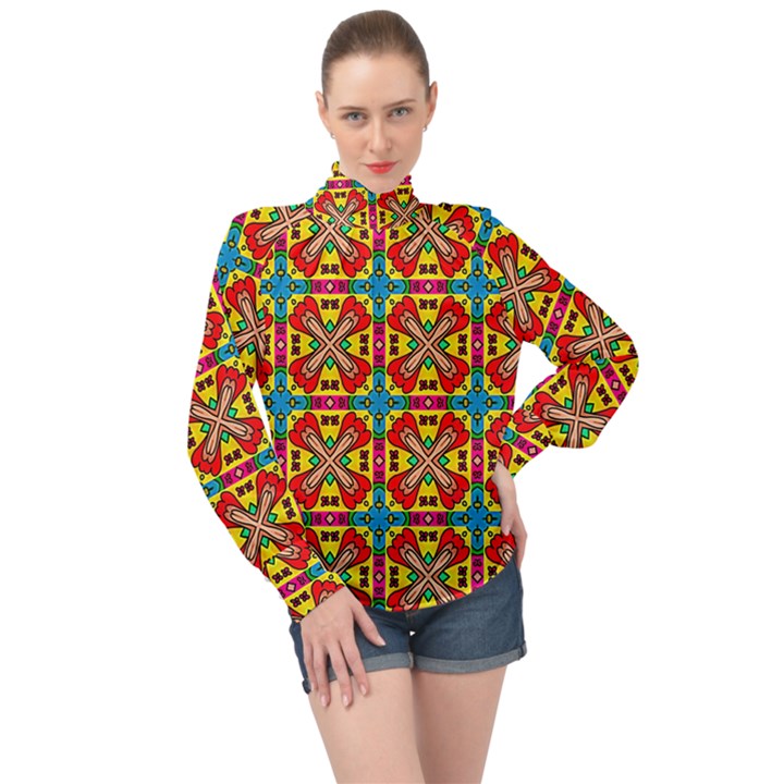 Seamless Pattern Tile Tileable High Neck Long Sleeve Chiffon Top