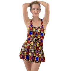 Stained Glass Pattern Texture Ruffle Top Dress Swimsuit by Simbadda