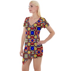 Stained Glass Pattern Texture Short Sleeve Asymmetric Mini Dress