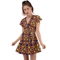 Stained Glass Pattern Texture Flutter Sleeve Wrap Dress