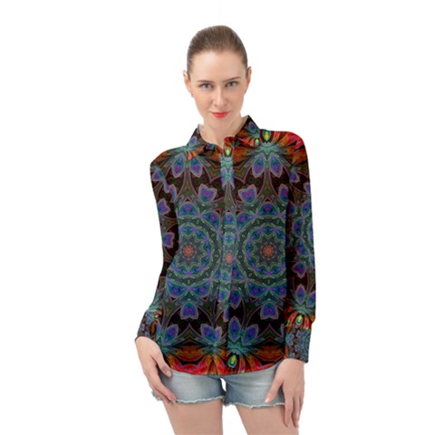 Abstract Art Blue Orange Long Sleeve Chiffon Shirt by Simbadda