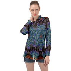 Abstract Art Blue Orange Long Sleeve Satin Shirt