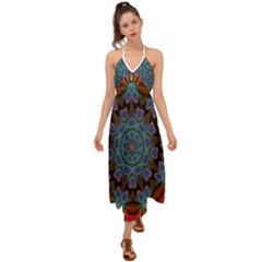 Abstract Art Blue Orange Halter Tie Back Dress 