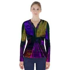 Data City Large Fiction Digital V-neck Long Sleeve Top by Simbadda