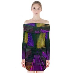 Data City Large Fiction Digital Long Sleeve Off Shoulder Dress by Simbadda