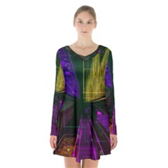 Data City Large Fiction Digital Long Sleeve Velvet V-neck Dress