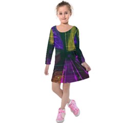 Data City Large Fiction Digital Kids  Long Sleeve Velvet Dress by Simbadda