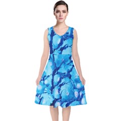 Hydrangea Blue Petals Flower V-neck Midi Sleeveless Dress  by Simbadda