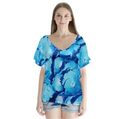 Hydrangea Blue Petals Flower V-neck Flutter Sleeve Top by Simbadda