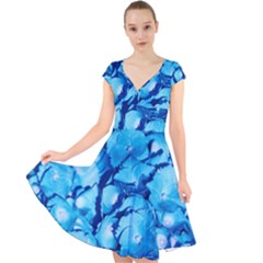 Hydrangea Blue Petals Flower Cap Sleeve Front Wrap Midi Dress by Simbadda