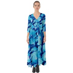 Hydrangea Blue Petals Flower Button Up Boho Maxi Dress by Simbadda