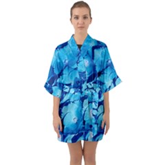 Hydrangea Blue Petals Flower Half Sleeve Satin Kimono  by Simbadda