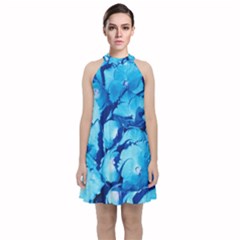 Hydrangea Blue Petals Flower Velvet Halter Neckline Dress 