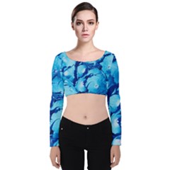 Hydrangea Blue Petals Flower Velvet Long Sleeve Crop Top by Simbadda