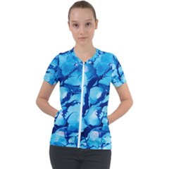 Hydrangea Blue Petals Flower Short Sleeve Zip Up Jacket by Simbadda