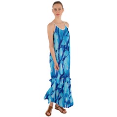 Hydrangea Blue Petals Flower Cami Maxi Ruffle Chiffon Dress