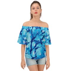 Hydrangea Blue Petals Flower Off Shoulder Short Sleeve Top